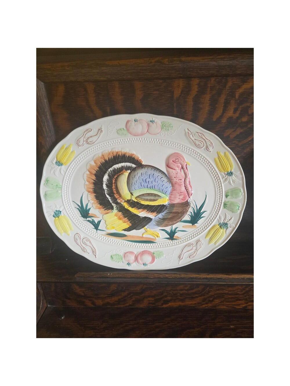 Vintage Thanksgiving Turkey Platter Large 18" Ceramic Embossed Made in Japan